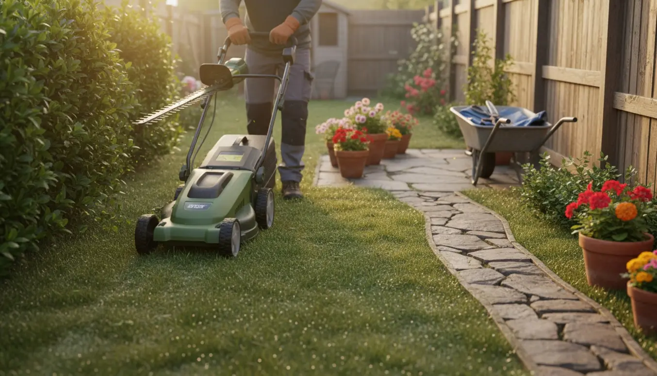 Person klipper græsplæne og trimmer hækken i en lille solrig have.