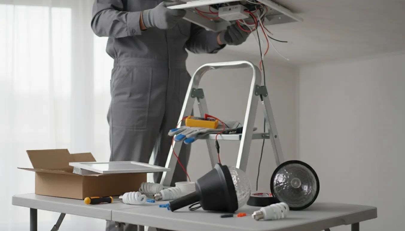 En person uden synligt ansigt inspicerer et loftsmonteret LED-panel med værktøj og udendørs lampe på et bord.