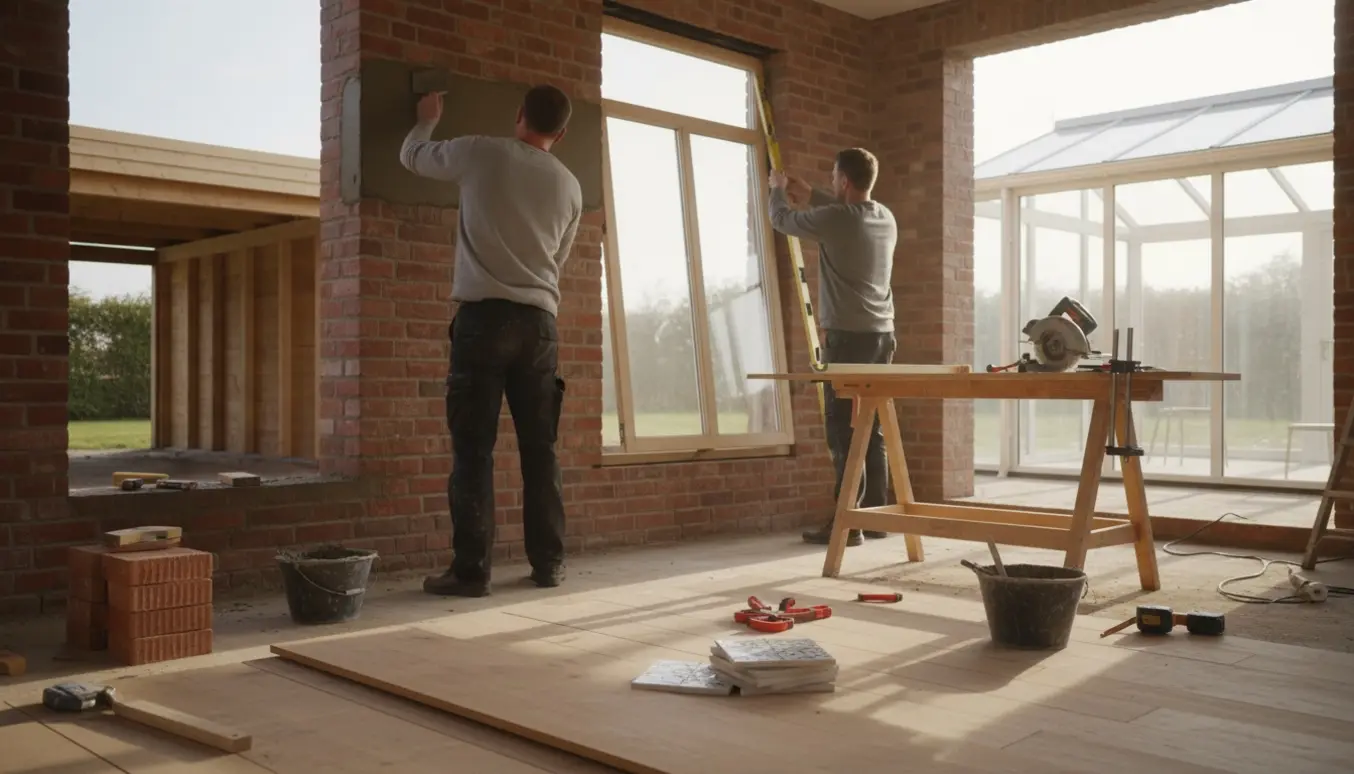 Håndværkere arbejder med murer- og tømreropgaver ved murstensvæg, træramme og gulv.