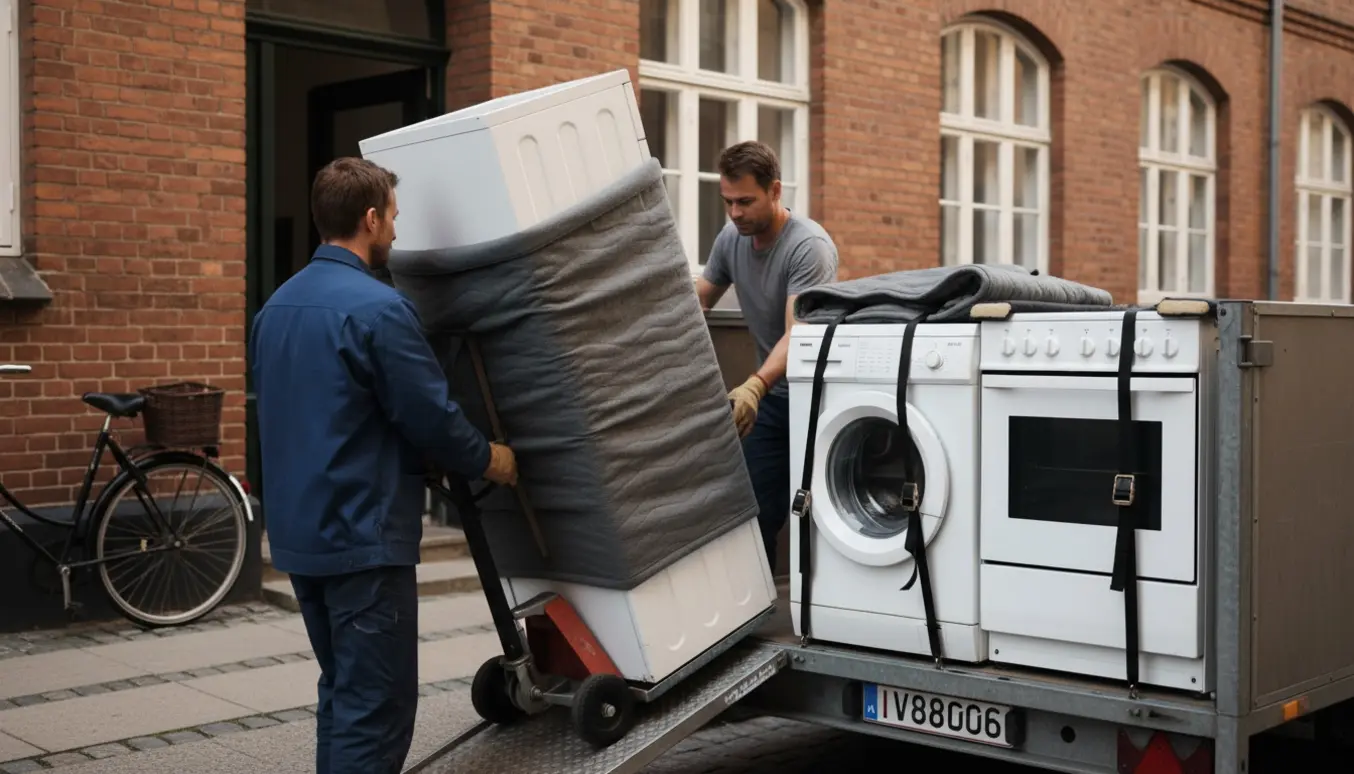 Tre hvidevarer — køleskab, komfur og vaskemaskine — bliver forsigtigt læsset i en trailer udenfor en lejlighed.