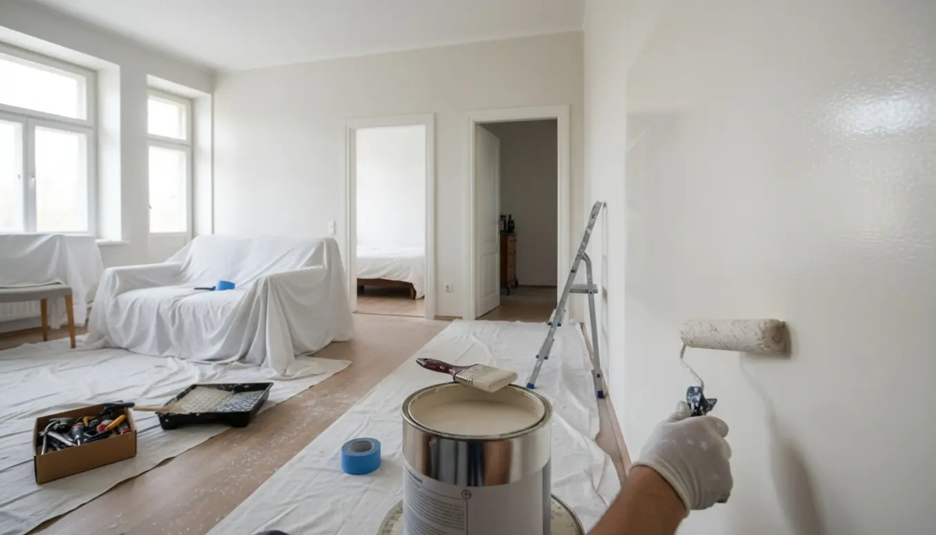Nymalet treværelses lejlighed på 45 m² med afdækkede møbler og malerredskaber.