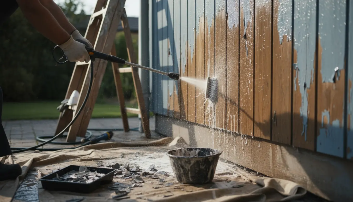 Udvendig træfacade under forberedelse til maling, hvor løs maling skrabes væk og træ vaskes.