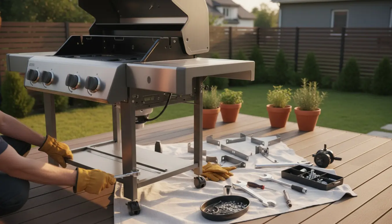 Halvfærdig gasgrill på terrasse med værktøj og handsker, mens hænder samler grillen.