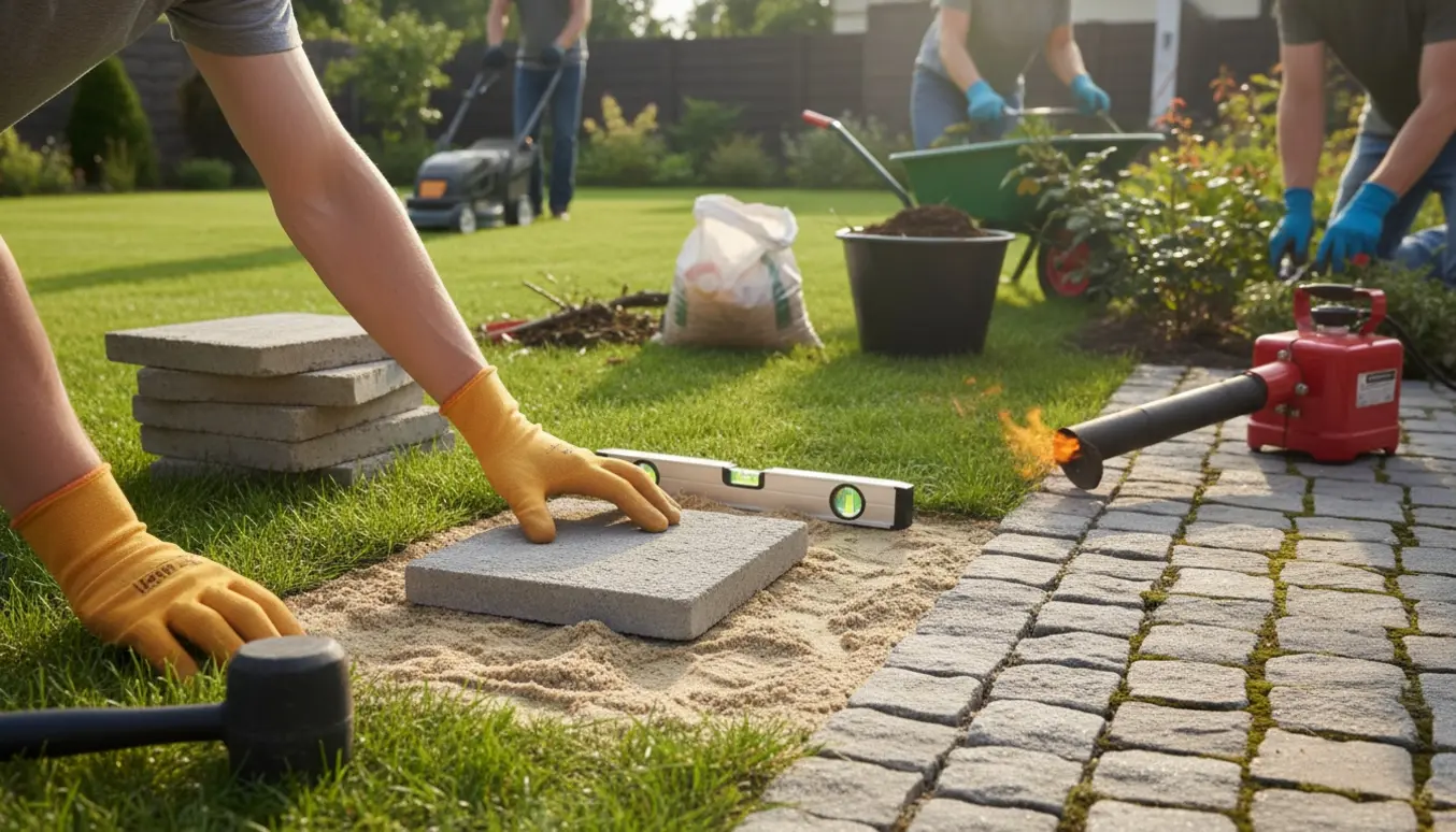 Nærbillede af hænder, der lægger en betonflise i en have med græsslåning, lugning og ukrudtsbrænder i baggrunden.