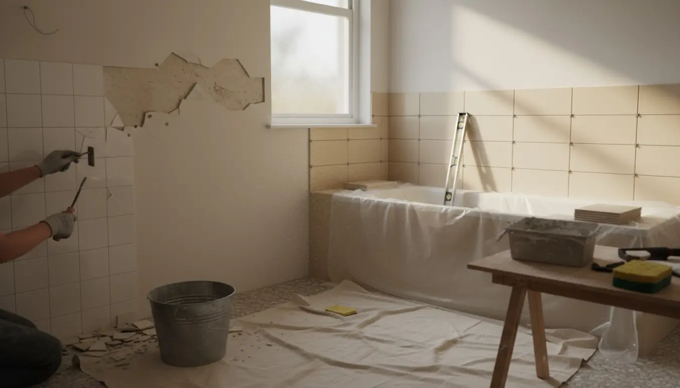 Badeværelse under renovering med fjernede vægfliser, værktøj og nye fliser klar til opsætning.