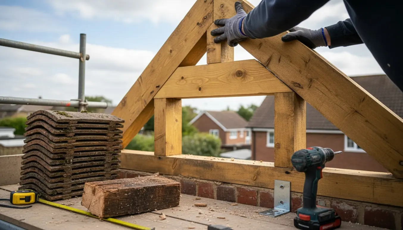 Håndværker skifter en træbjælke i gavlen på et tag, med værktøj og stillads i baggrunden.