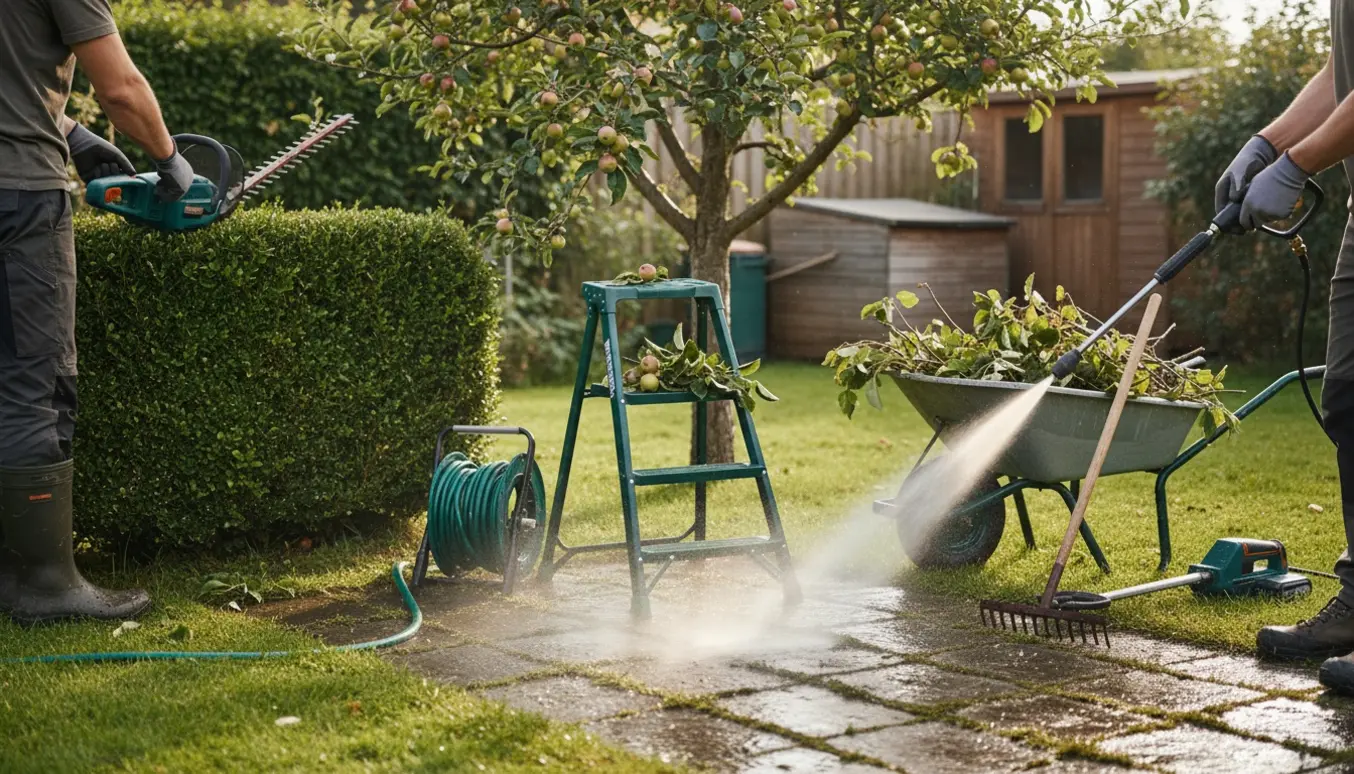 En havearbejder set bagfra klipper hæk og beskærer træ ved nyrensede fliser med haveredskaber i en trillebør.
