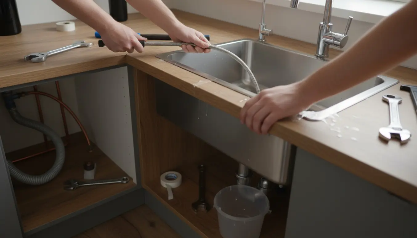 Hænder tilslutter vand- og afløb under en ny køkkenvask ved siden af en åben opvaskemaskine.