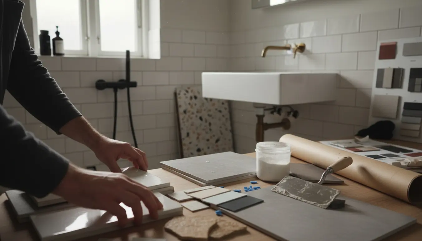 Hænder arrangerer fliseksempler og farveprøver i et lille københavnerbadeværelse under renovering.