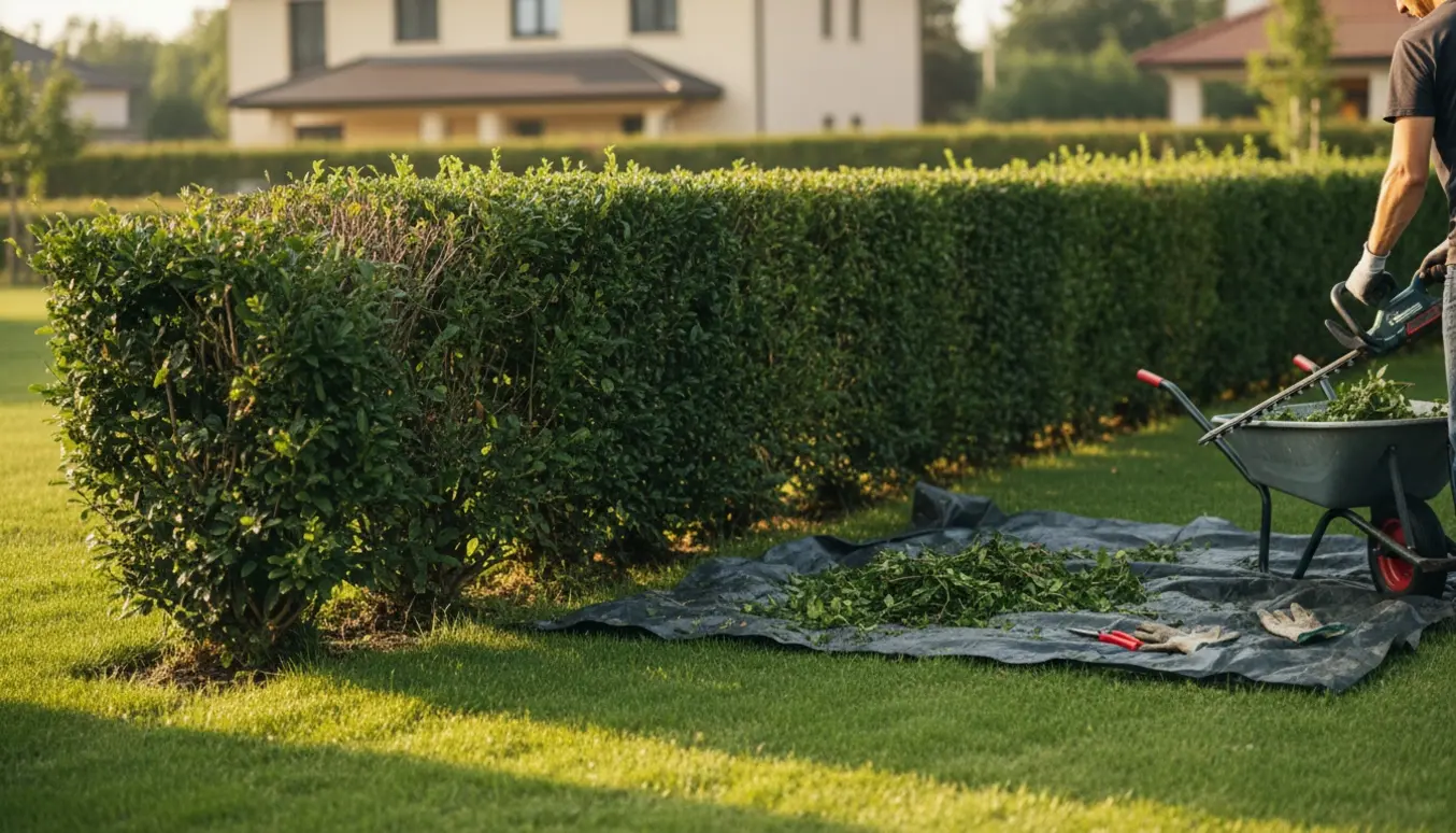 En person klipper en lav hæk på cirka fire til fem meter med haveredskaber og bunker af afklip i forgrunden.