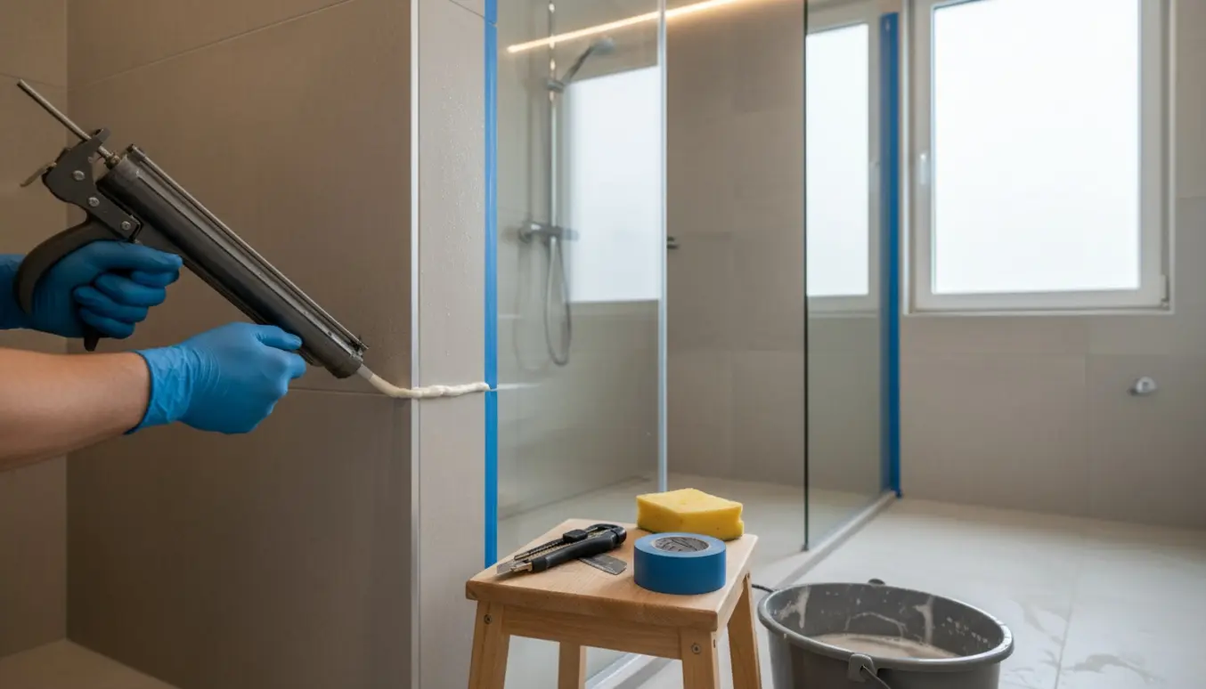 Nærbillede af hænder, der udskifter silikonefuger i to glasbrusekabiner i et lyst, moderne badeværelse.