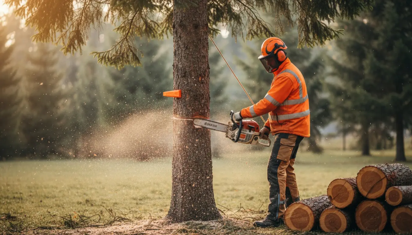 En træfælder skærer et nåletræ i en lys skovkant med sav, kiler og savsmuld omkring stedet.