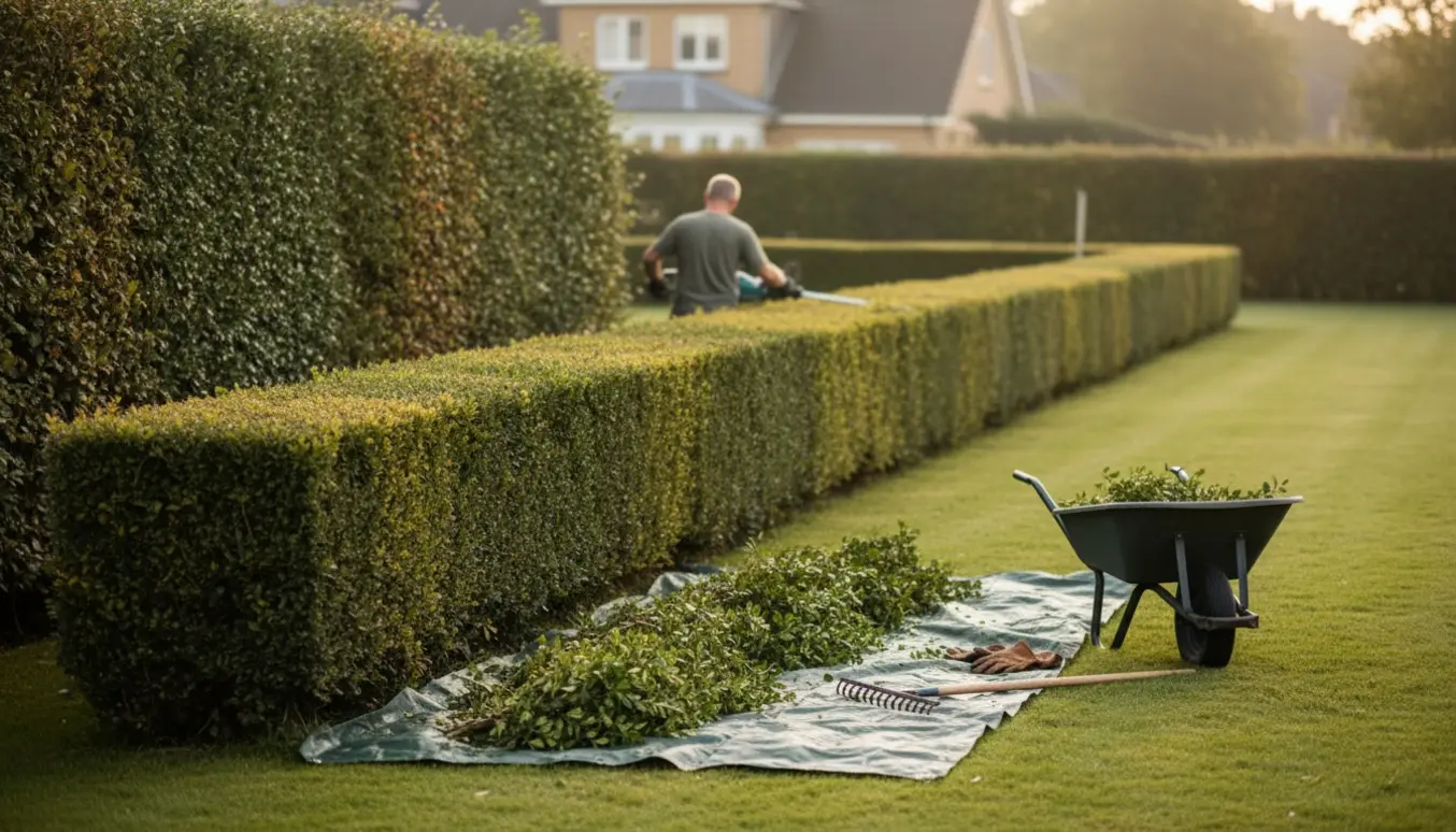Lang ligusterhæk i en forhave klippes med teleskop-hækkeklipper, afklip samlet på trillebør.