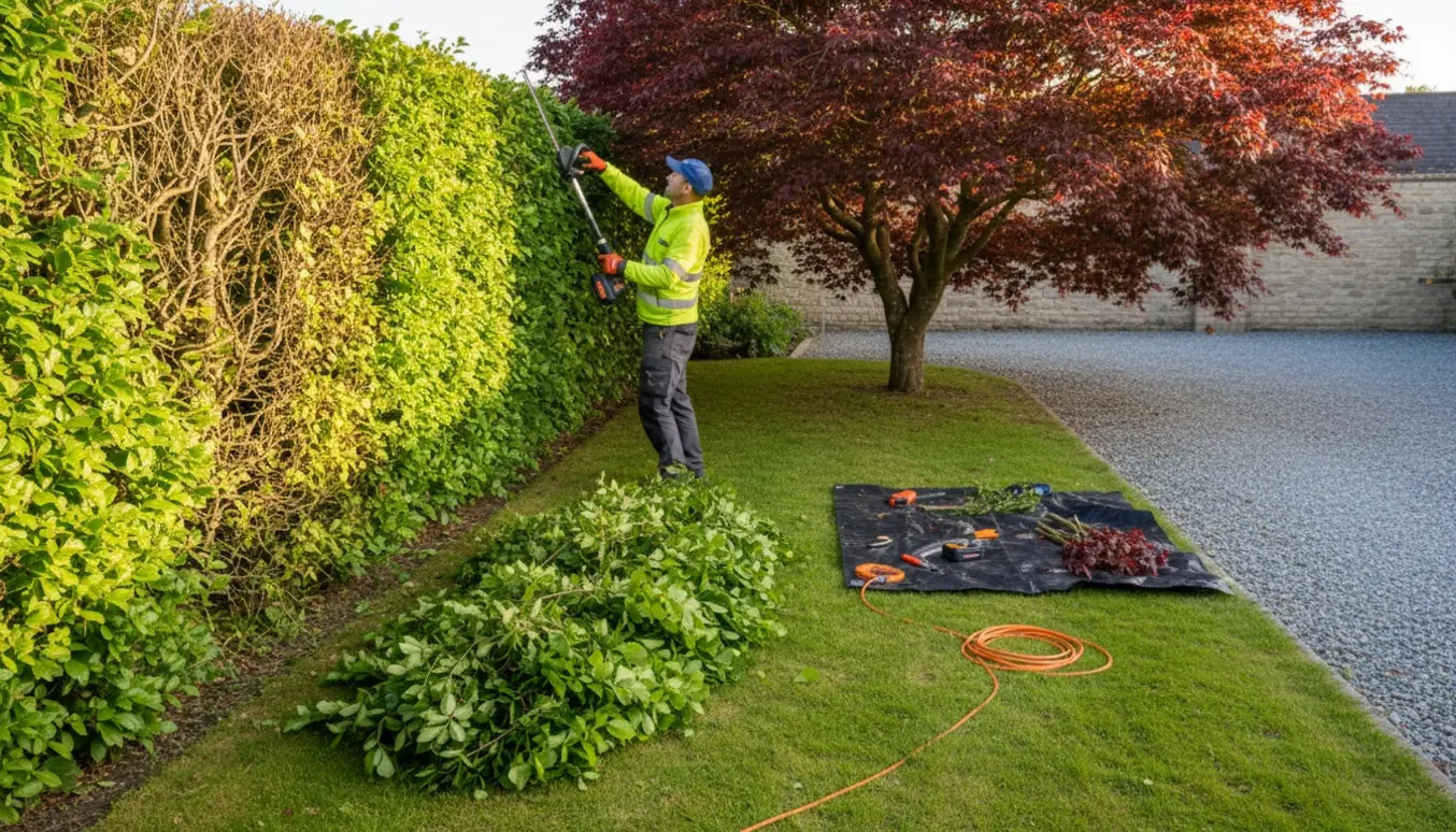 En gartner trimmer en bøgehæk og beskærer et rødt træ ved indkørslen med værktøj og nysnittede grene i forgrunden.
