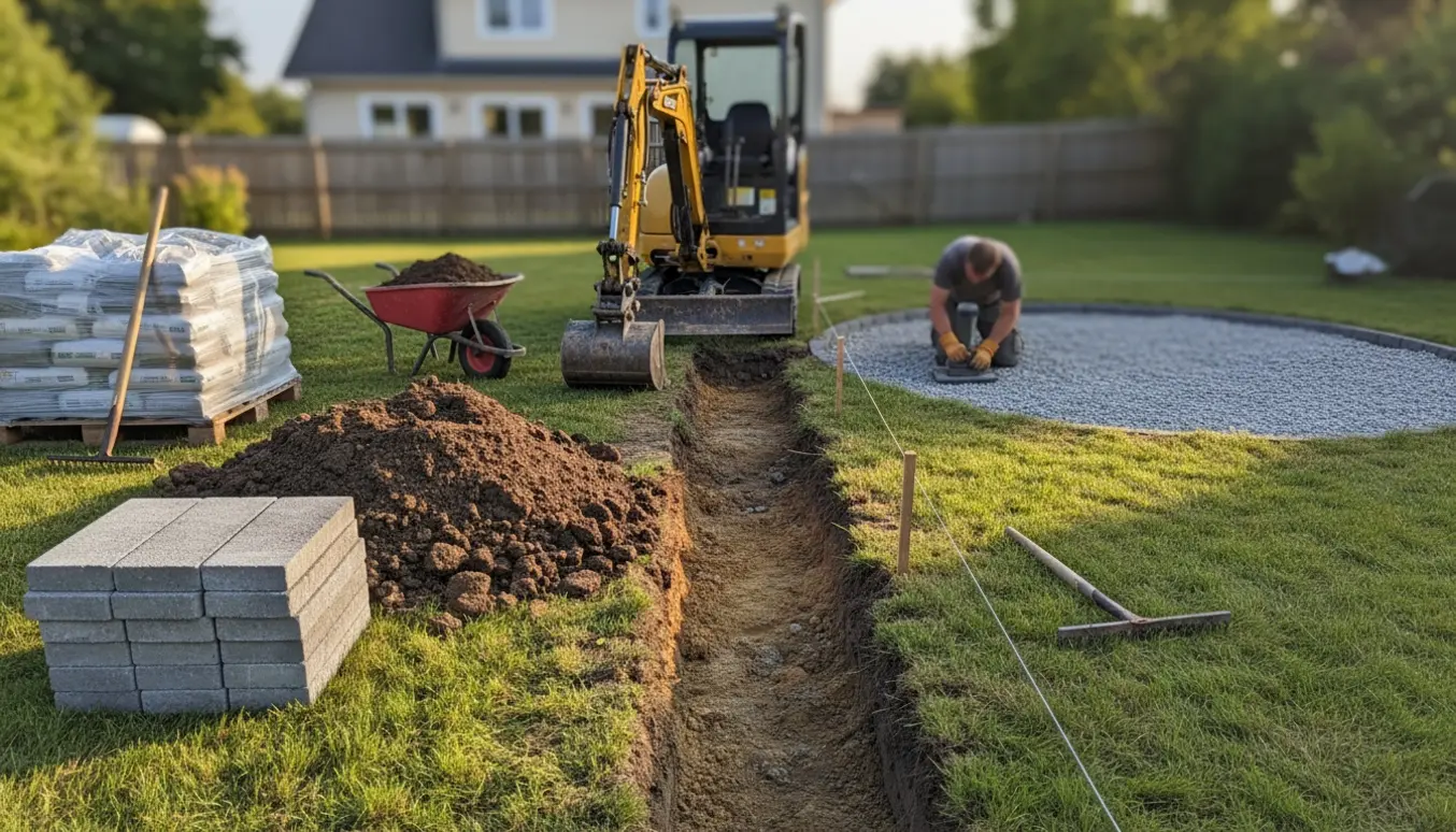 Udgravet rende til flisestien i en have med mini-graver, skovle, trillebør og bunker af jord.