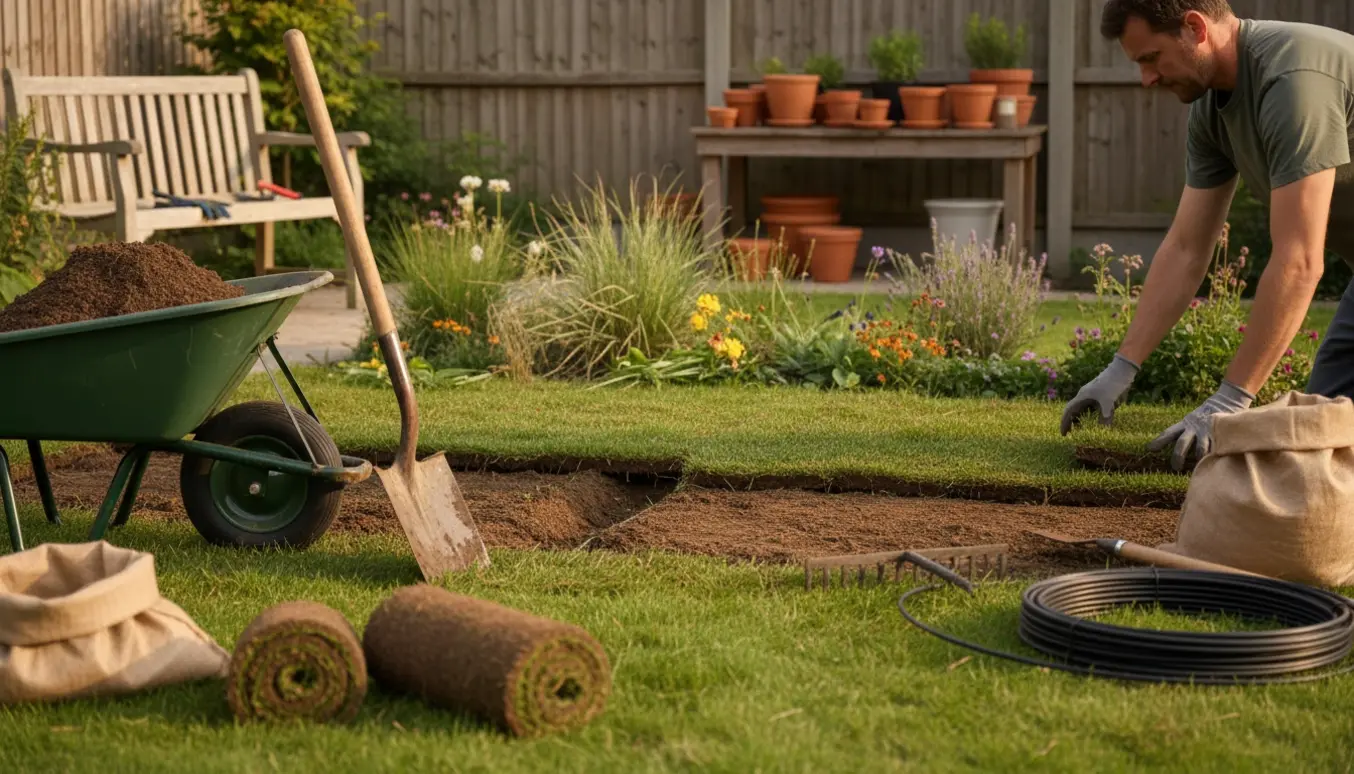 Baghave under renovering med hænder, trillebør, skovl og frisk lagt rullegræs over et jordpatch.