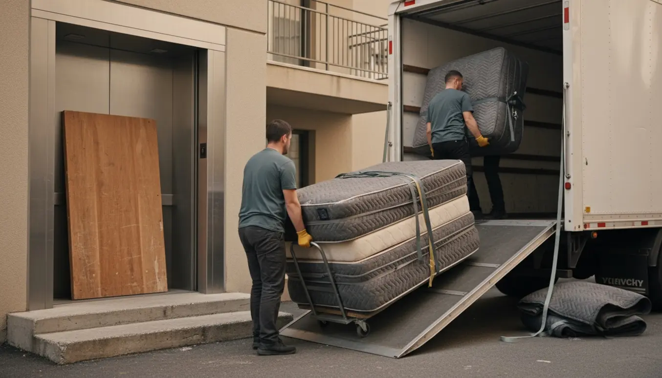 Madras i to dele og et hovedgærde bæres fra en lejlighed ned til en parkeret flyttebil.