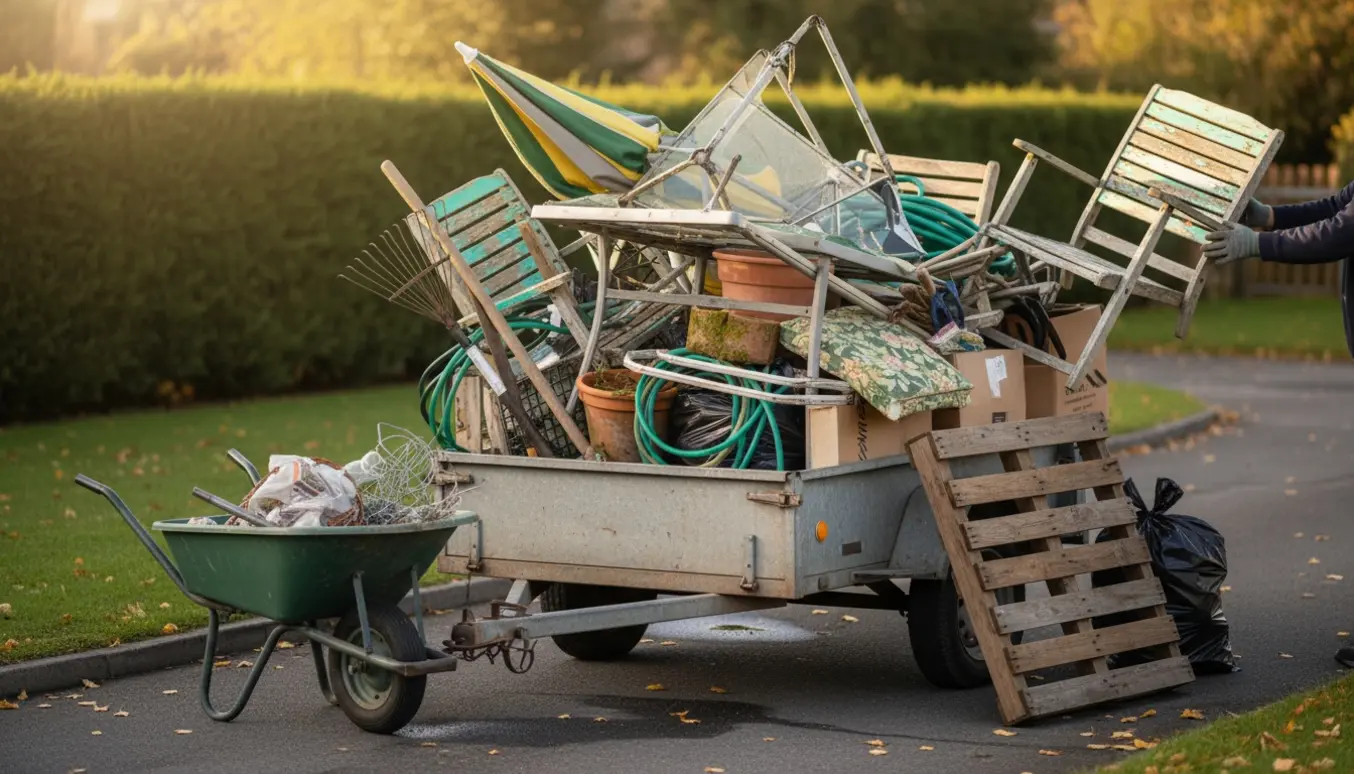 En slidt trailer fyldt med gamle havemøbler og skrammel klar til bortkørsel.