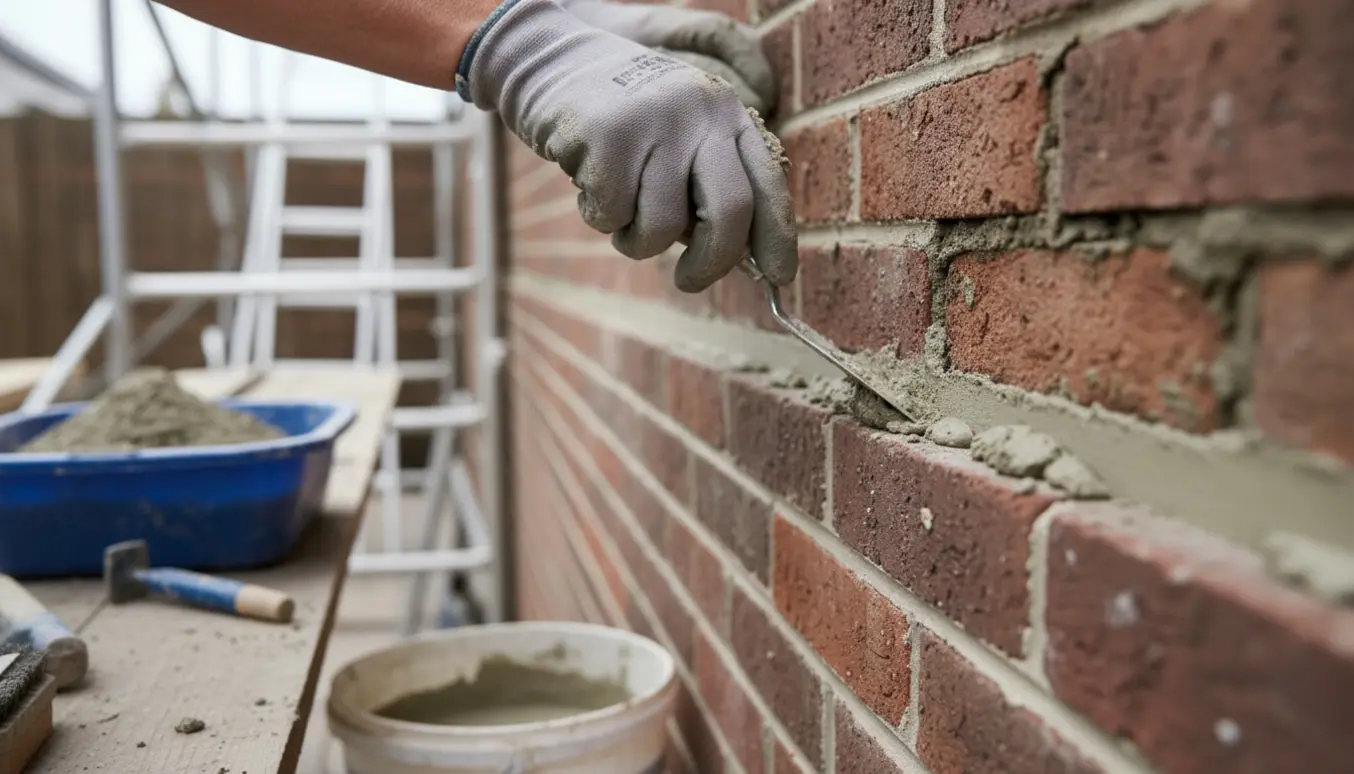 Nærbillede af hænder, der omfuger en murstensvæg med murske og frisk mørtel.
