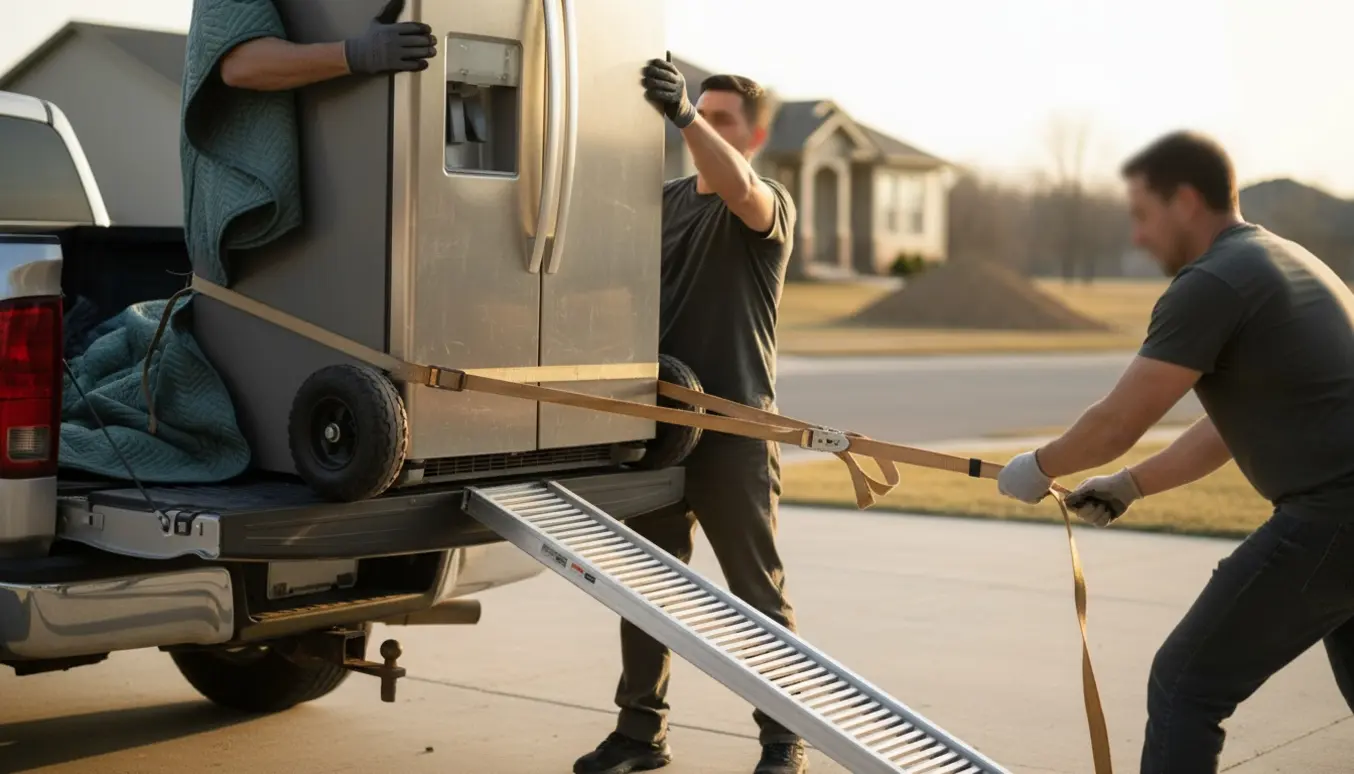 Et stort amerikaner-køleskab læsses fra en carport på en pick-up klar til aflevering på lossepladsen.