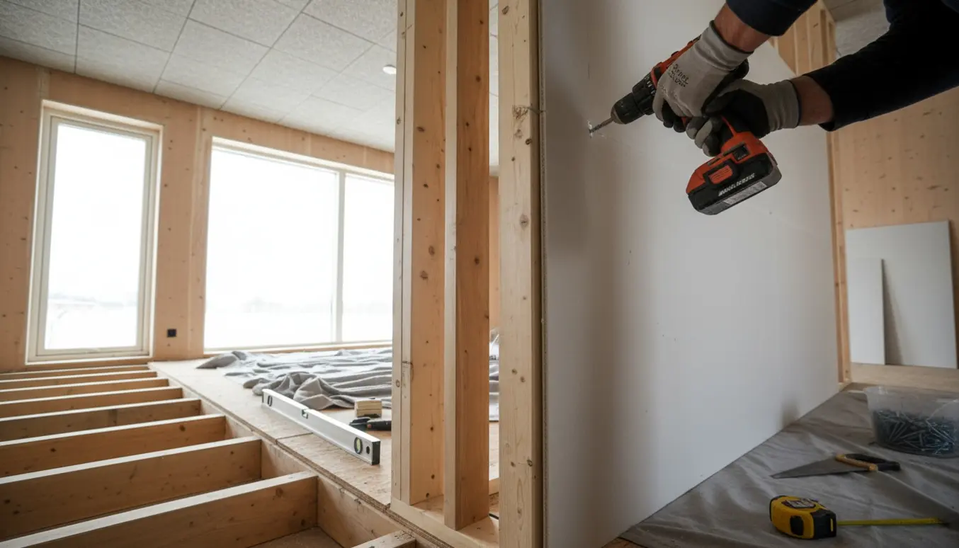 Partiopbygning med trækonstruktion og gipsplader i et rum med Troltekt-loft og gulv på strøer.