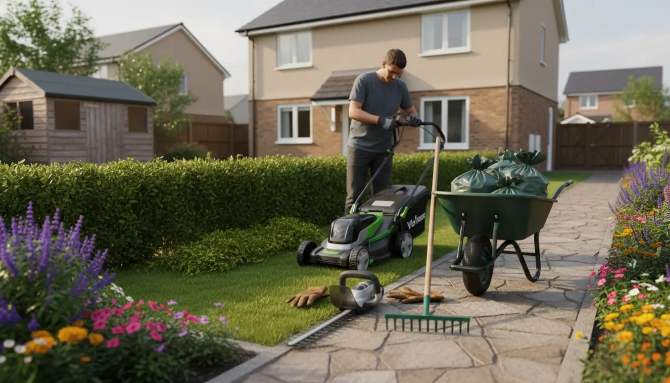 Nyklippet hæk og nyslået græs langs et lille hus med haveredskaber i forgrunden.