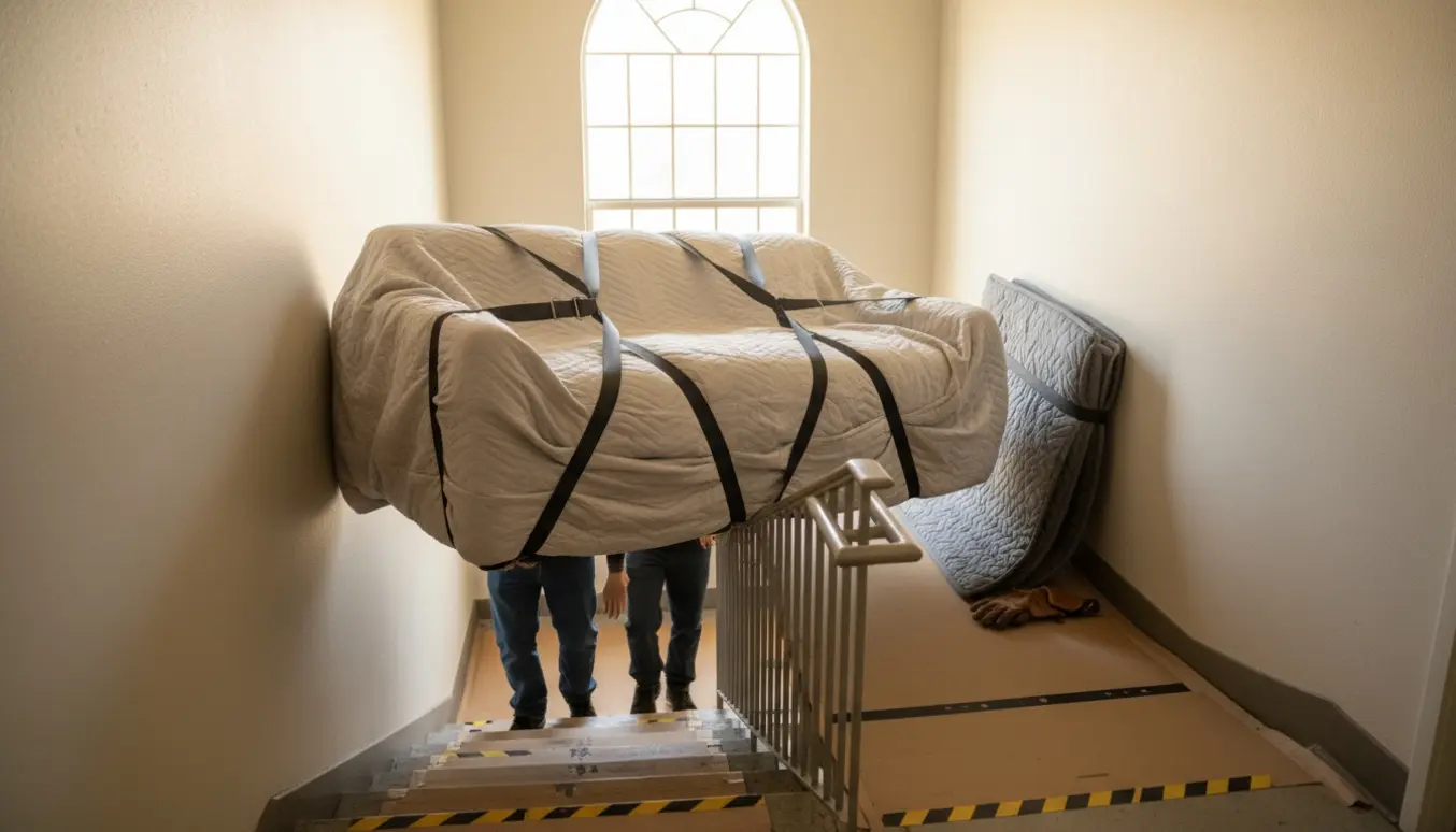 To flyttemænd bærer en sofa op ad en smal trappe i en opgang uden elevator, pakket ind i flyttetæpper og løftestropper.