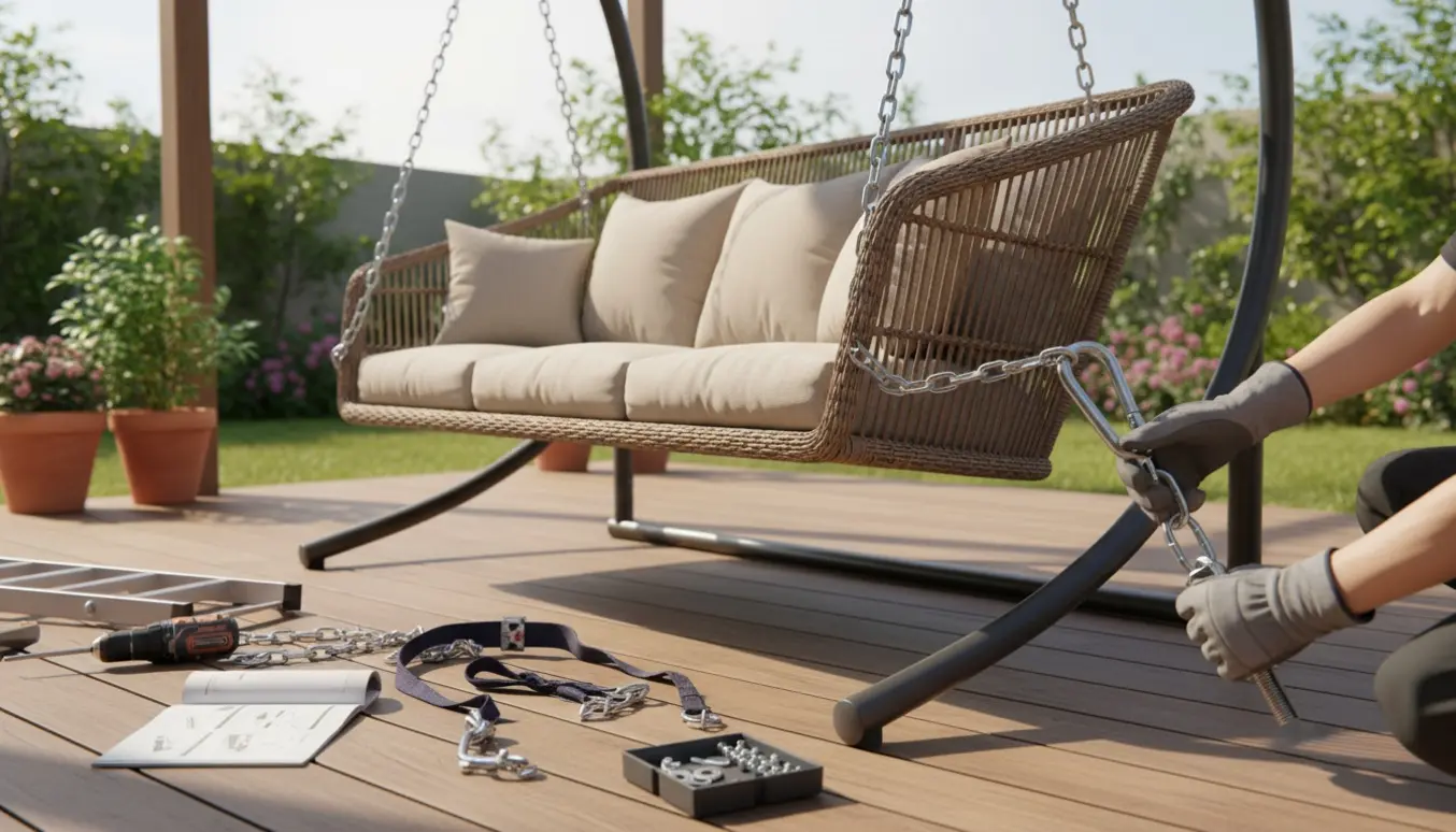 Håndværker monterer en trepersoners hængesofa på en solbeskinnet træterrasse.