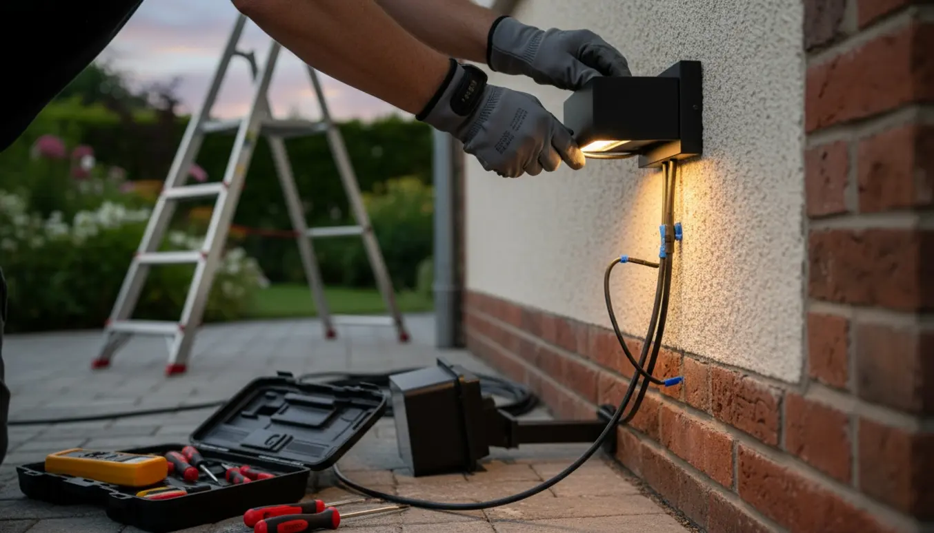 Autoriseret elektriker udskifter en væghængt udendørslampe på husfacaden ved skumring.