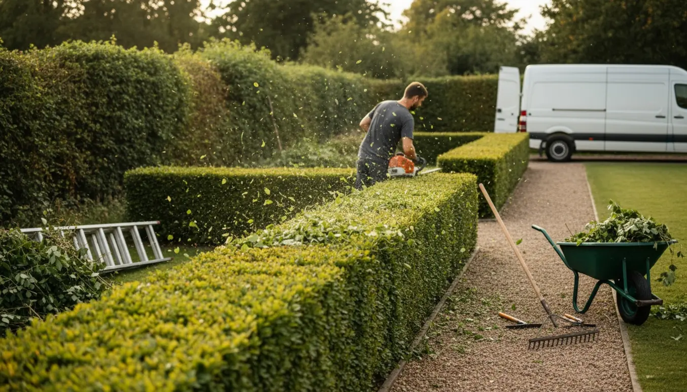 Hækkeklipper arbejder på en bøgehæk med afklippede grene samlet til bortkørsel.