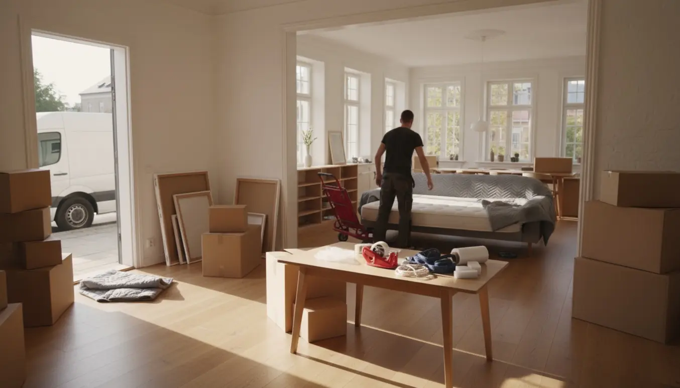 Lys moderne lejlighed med stabler af kasser, indpakkede møbler og flyttefolk ved en åben flyttevogn.
