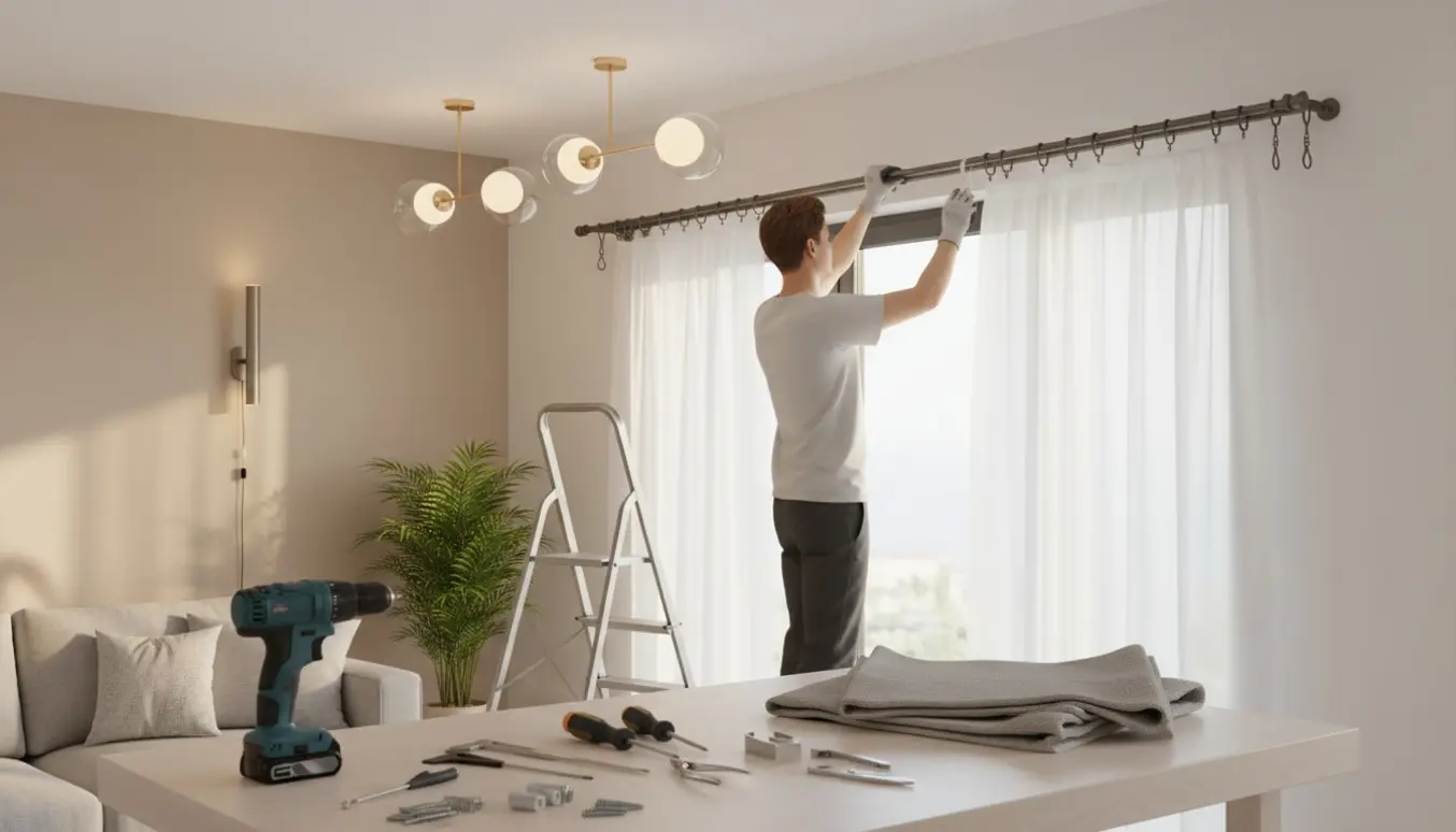 Installatør monterer loftslamper, en væglampe og en gardinstang over et vindue i et lyst, moderne rum.