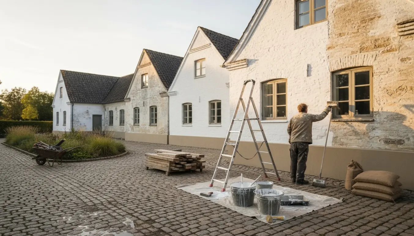 Tre sammenhængende længer hvor facaden kalkes og soklen males, med stiger og malerbøtter i forgrunden.