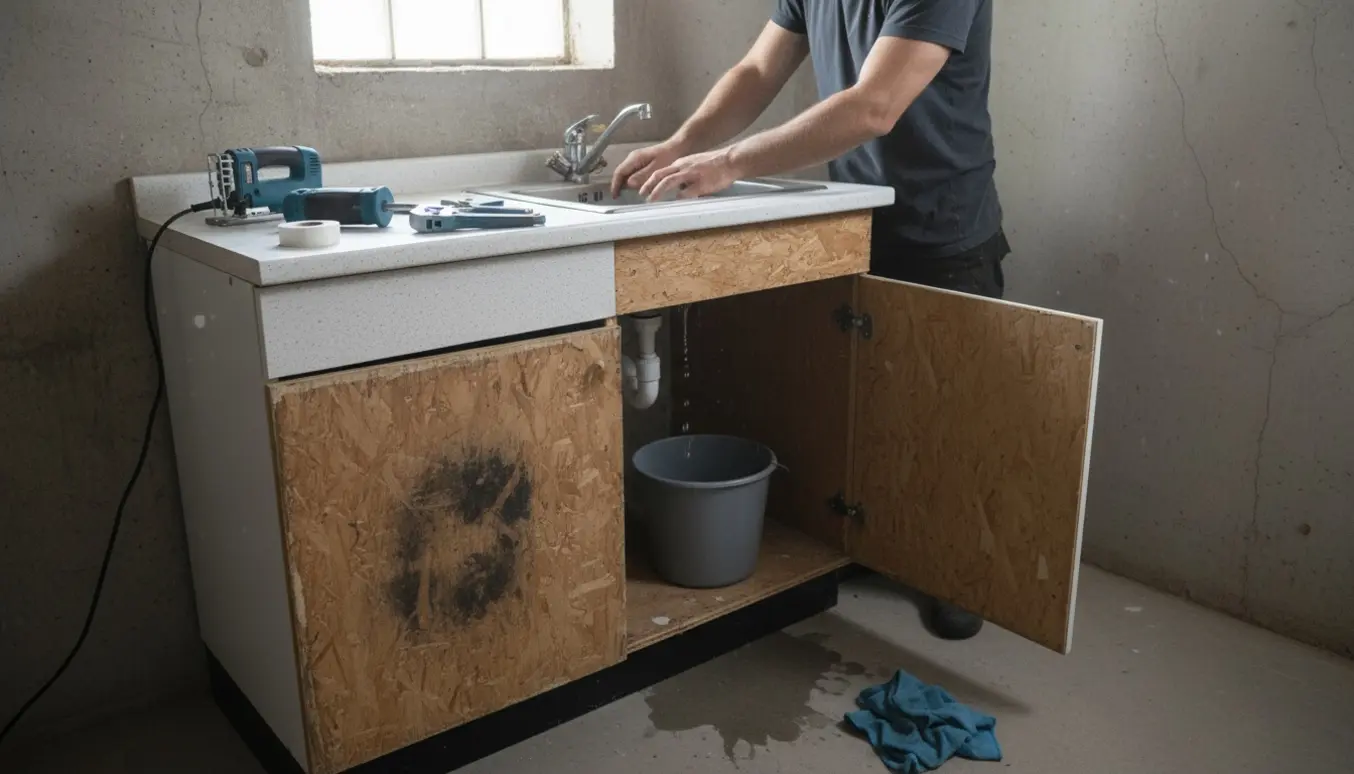 Nærbillede af småt kælderkøkken hvor en ny, enkel laminatbordplade med håndvask installeres, med værktøj og vandskade synlig.