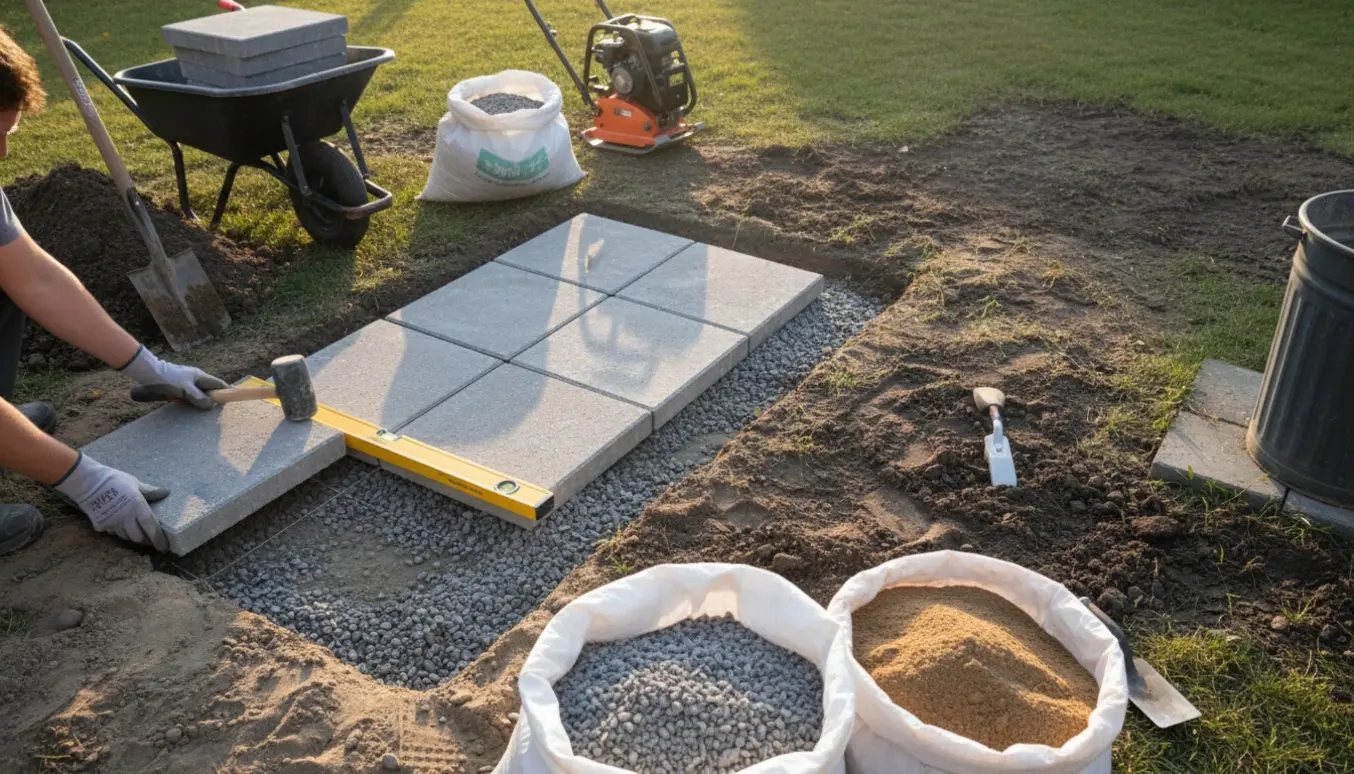 Nærbillede af lægning af 12 fliser i fire rækker af tre på forberedt underlag med skovl, grus og en affaldscontainer ved siden af.