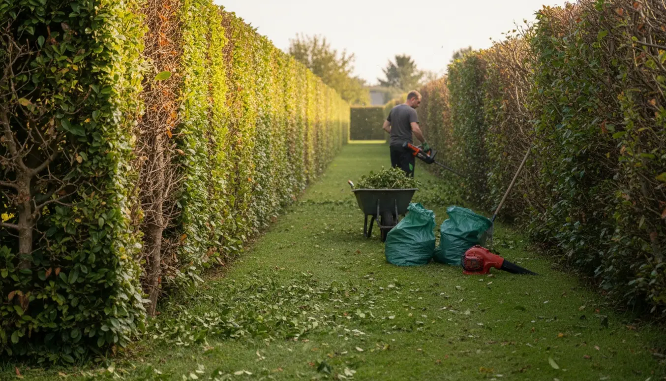 Lang hæk klippet på begge sider, med hækaffald samlet i trillebår og grønne sække.