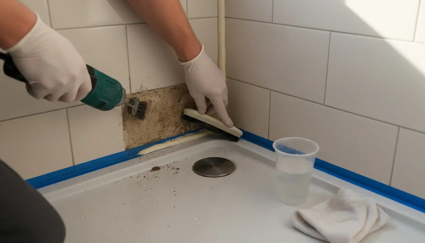 Nærbillede af hænder, der omfuger og fjerner jordslået fuge i hjørnet af en brusekabine.