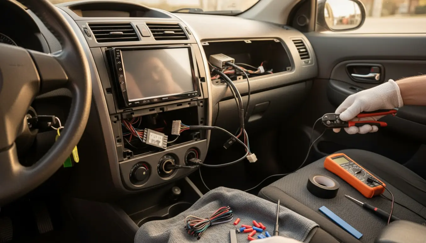 Nærbillede af installation af 2-din bilradio med CarPlay i en Kia Ceed 2009, hvor ledninger og USB-port til cigarettænder monteres.