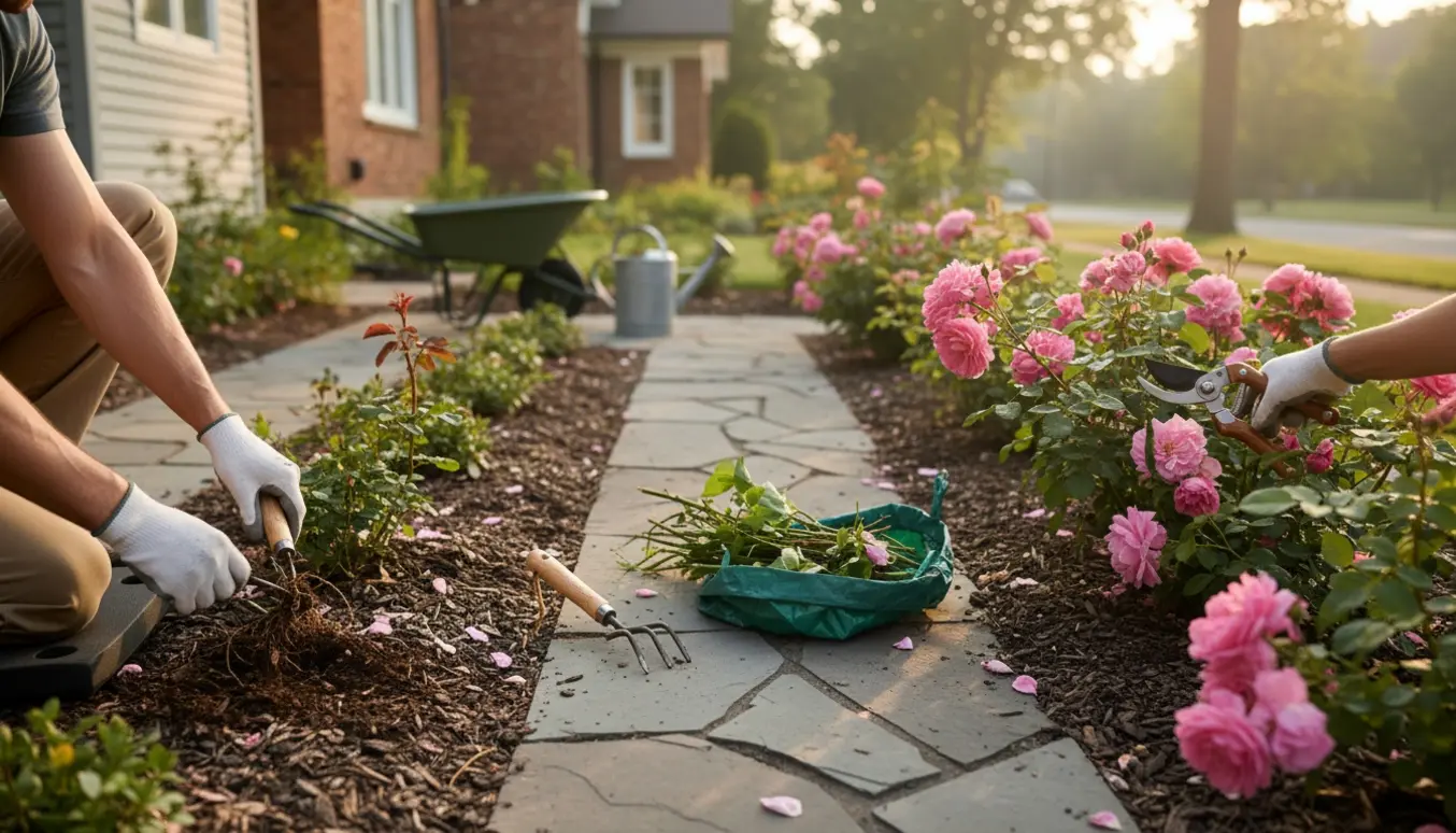 Hænder beskærer roser og fjerner ukrudt i seks små bede i en forhave i blødt dagslys.