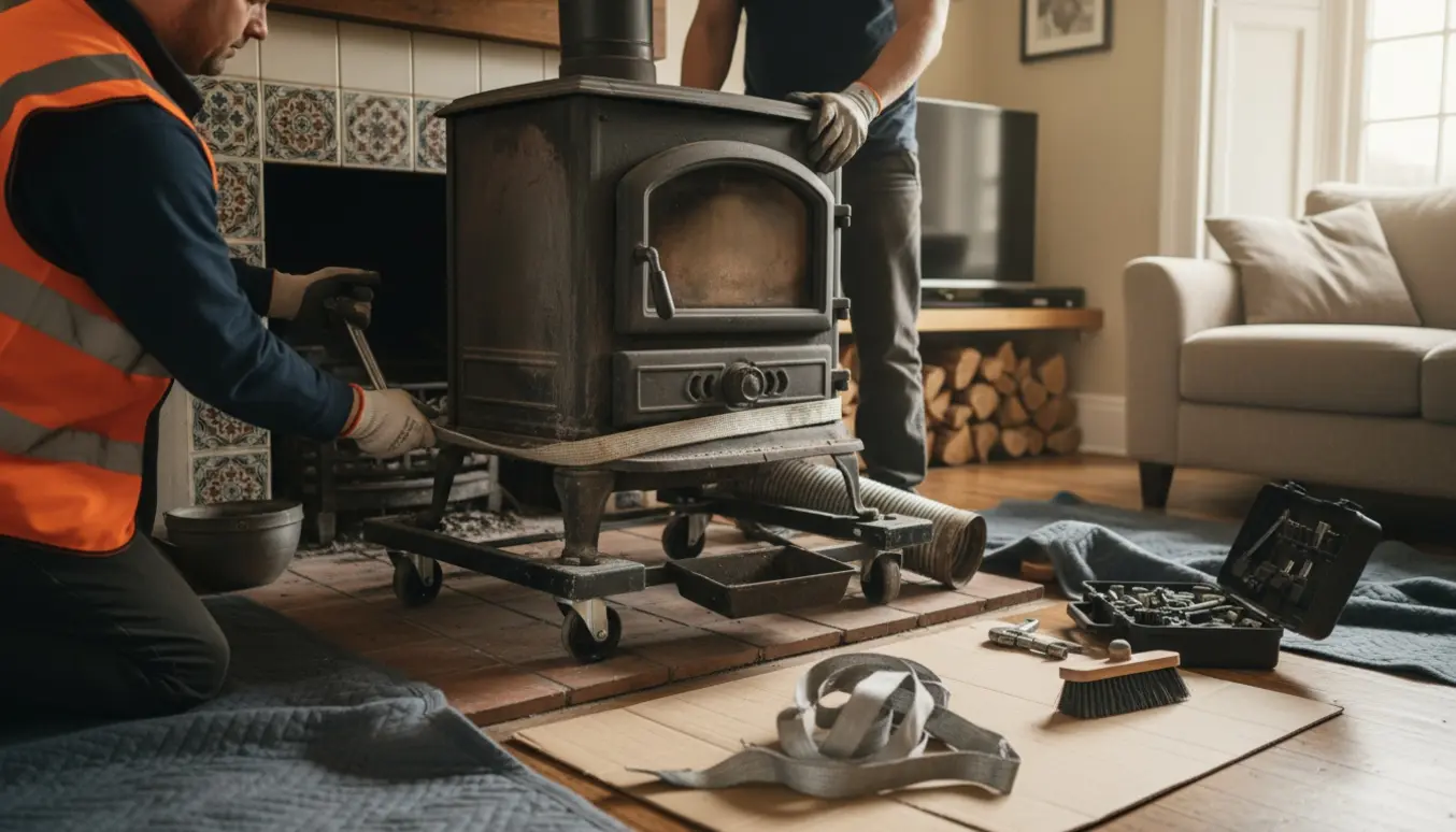 Håndværkere fjerner en gammel brændeovn fra en stue, ovnen er på en flyttevogn og omgivet af værktøj og dækkematerialer.