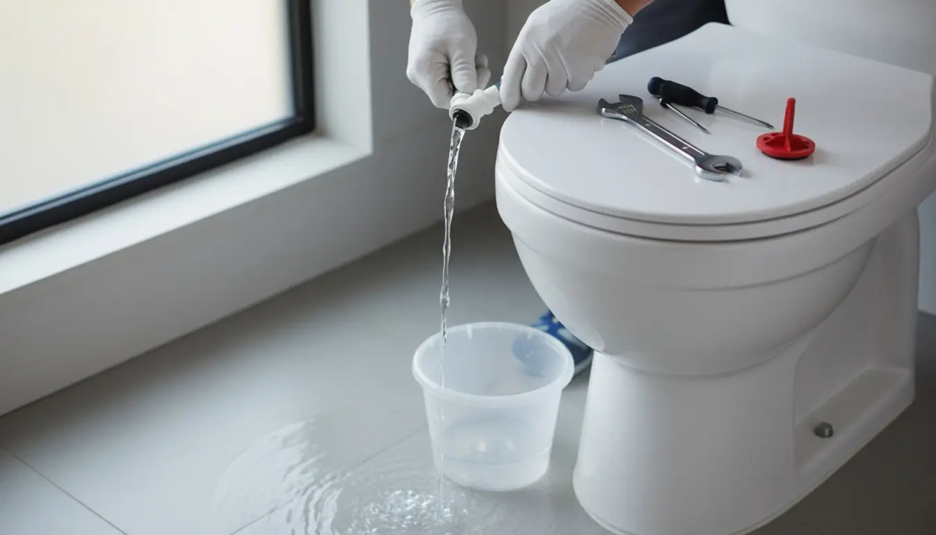 Åbent toiletcisterne med løbende vand og værktøj, mens hænder justerer ventilen.