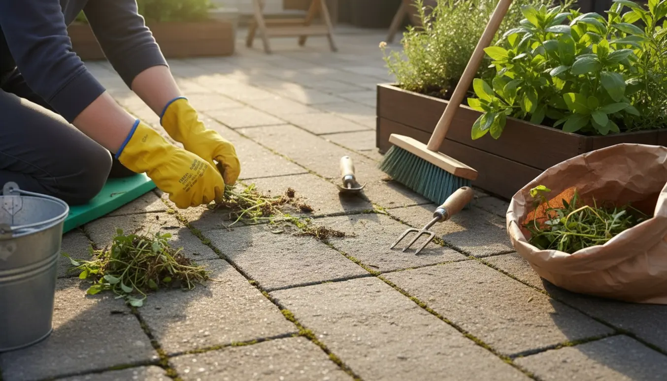 Hænder luger ukrudt mellem fliser på en terrasse med redskaber og en halvfyldt affaldssæk.