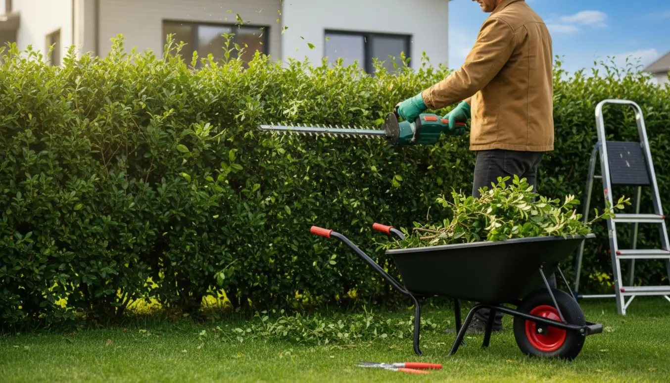 Person trimmer en tæt hæk med en elektrisk hækkeklipper i en velholdt have med grene og trillebør i forgrunden.