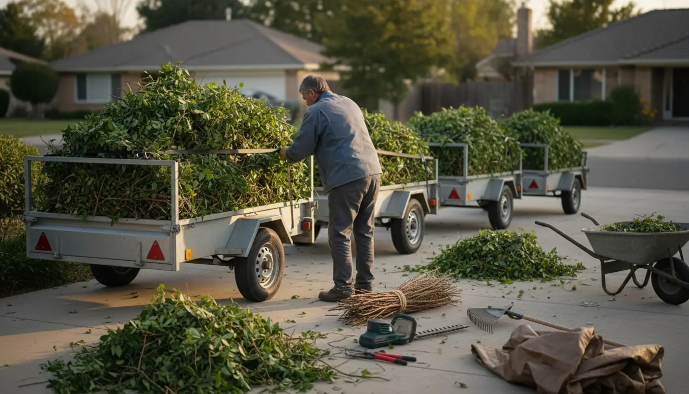 Trailere fyldt med hækafklip og grene på en indkørsel, klar til at blive kørt på genbrugspladsen.