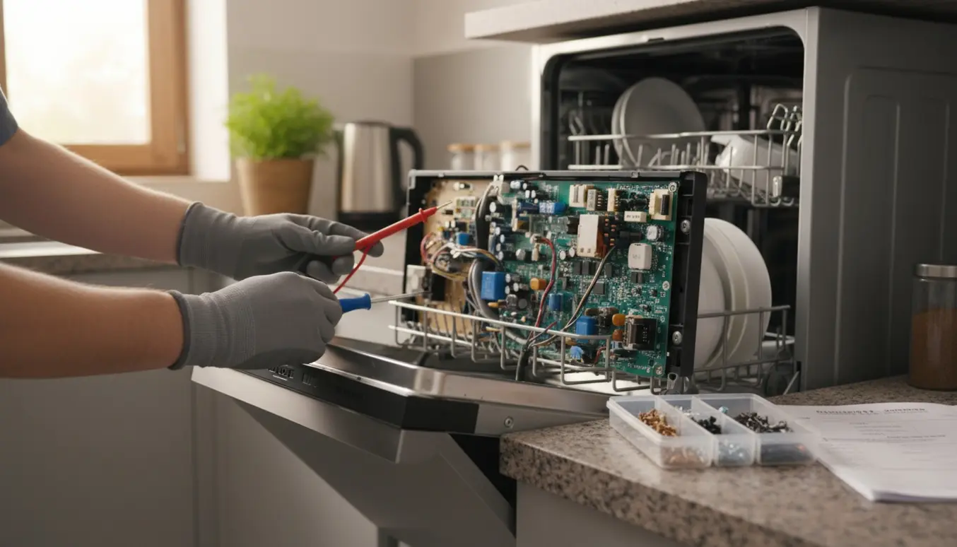 Tekniker undersøger en åben opvaskemaskine i et lyst køkken med multimeter og værktøj.