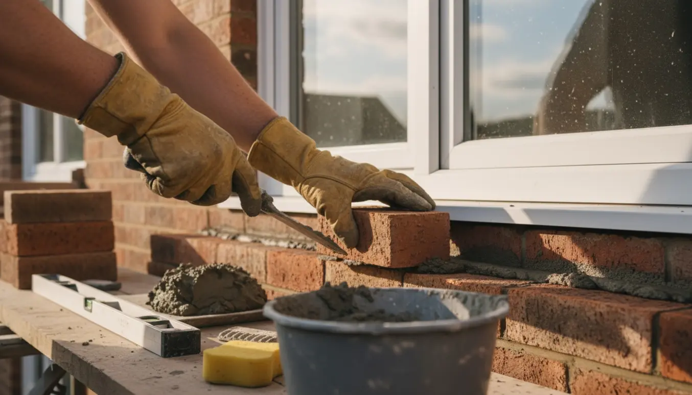 Nærbillede af murhåndværkers hænder, der murer nyt murværk omkring et nymonteret vindue.