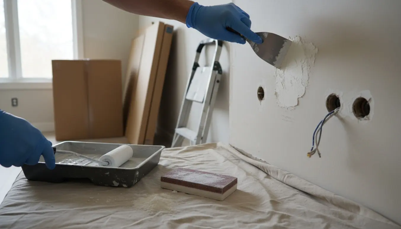 En væg i et køkken forberedes med spartel og primer efter nedtagning af køkkenelementer.