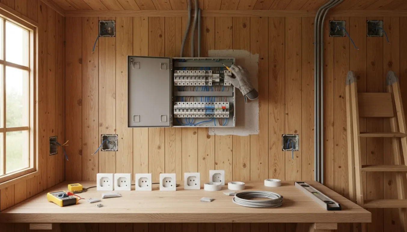 Elektriker monterer ny eltavle og nye stikkontakter i et 1970'er sommerhus.