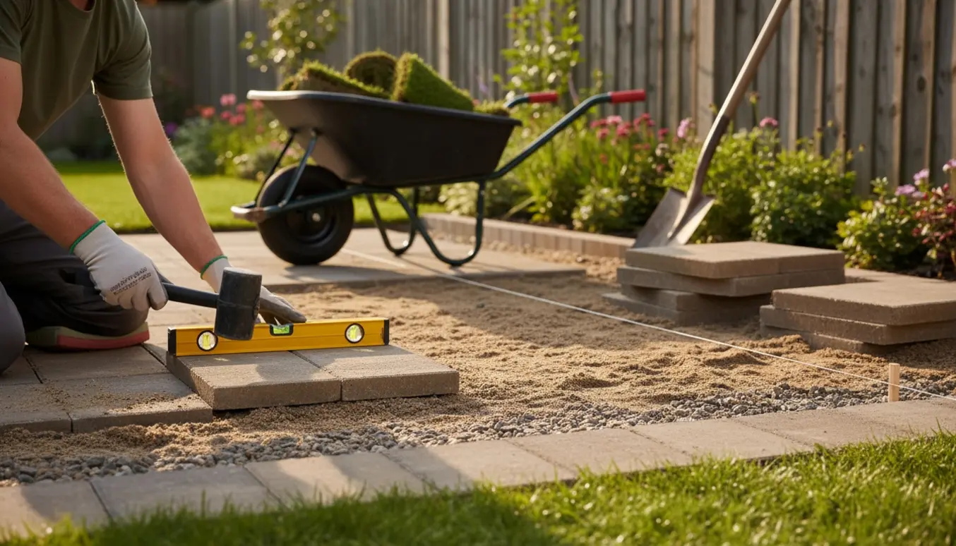 Hænder placerer fliser på sandlag i en baghave efter at have fjernet græs, med trillebør og værktøj i baggrunden.