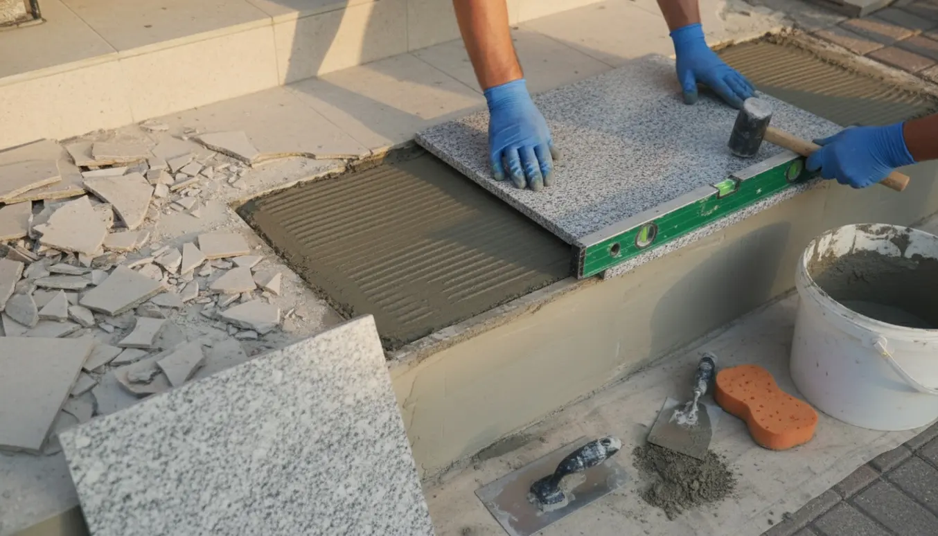Hænder placerer nye granitplader på en lille udendørstrappe med værktøj og repareret forkant.